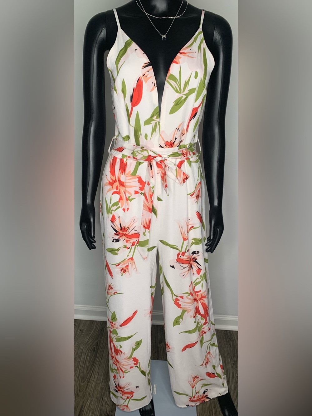 superdown White Floral Wide-Leg Jumpsuit with Coral & Green Print